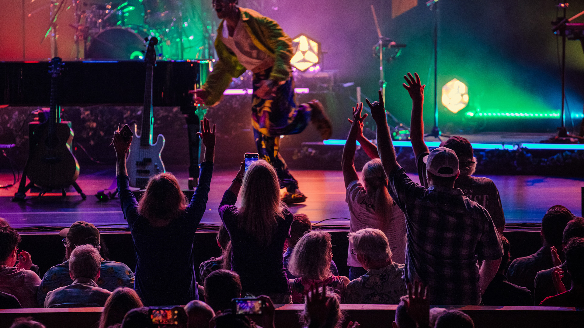 Concert-goers in the pit stand up and cheer the artist on stage.